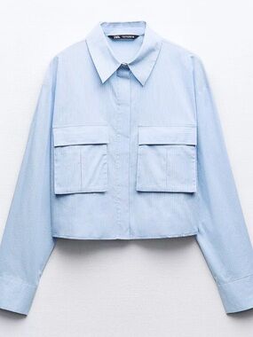 Zara Pale Blue Cropped Pocket Shirt Jacket